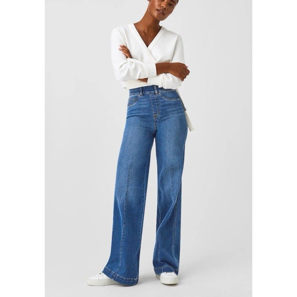 Spanx Seamed Front Wide Leg Jeans Pull On Women’s Medium Blue Stretch 20407R New
